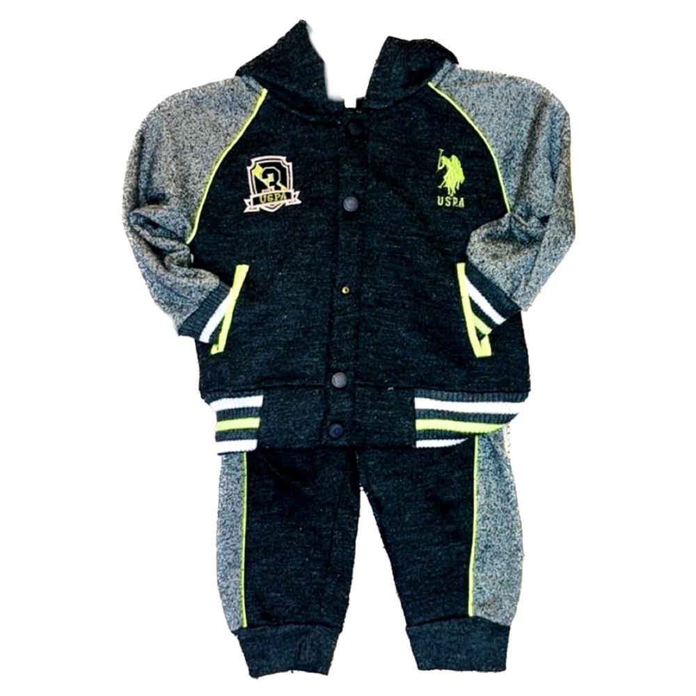 U.S. Polo Assn. Gray & Lime Green 2 Piece Hooded Tracksuit, Toddler Sz. 24 Mos.